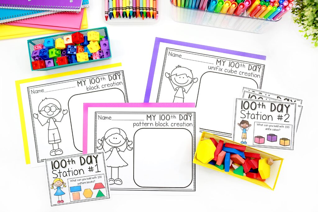 Printables and manipulatives for 100th day math stations