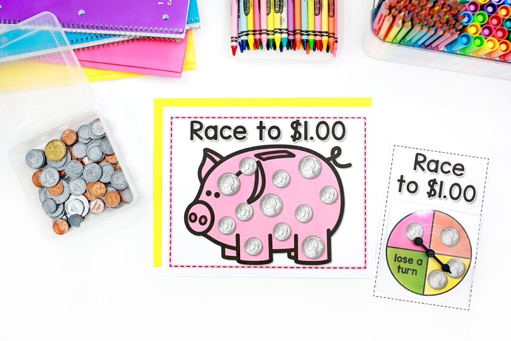 Race to $1.00 playing mat, coins, and spinner