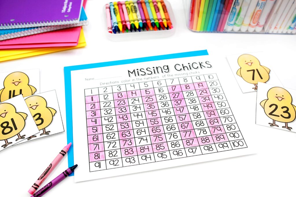 Missing chicks recording sheet with "100" colored in as a secret message