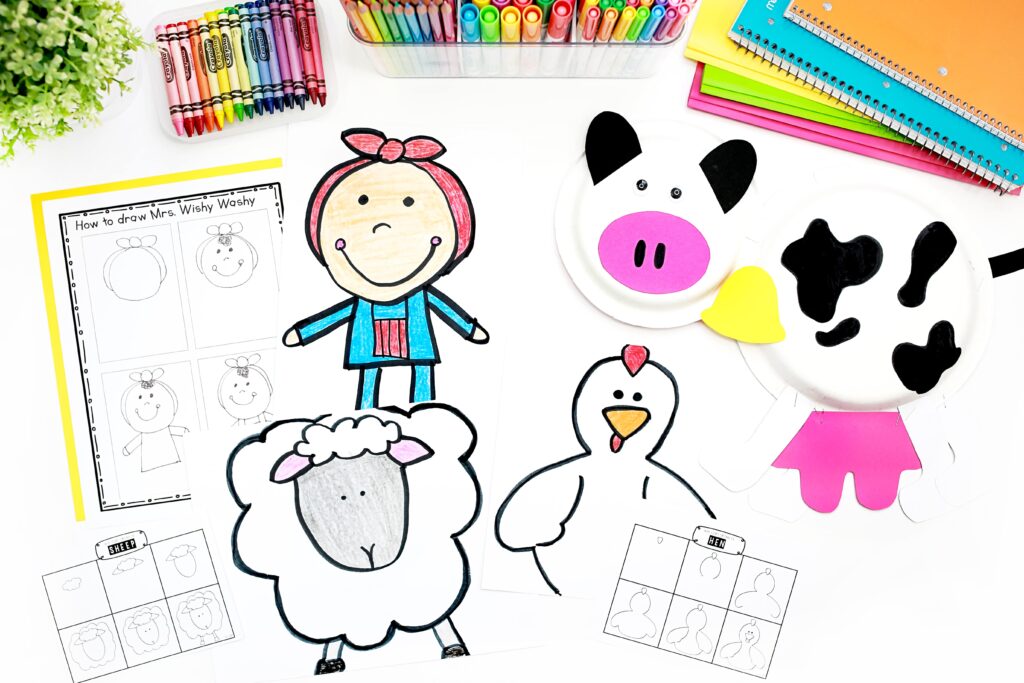 Three completed directed drawings and a cow glyph