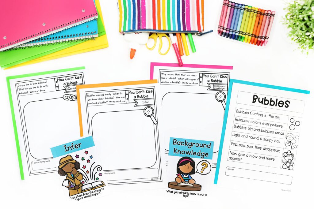 A variety of reading comprehension printables for "You Can't Kiss a Bubble"