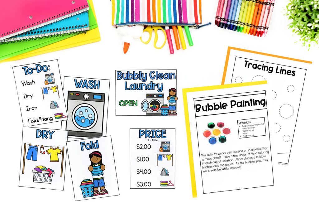 A variety of printables for a laundry dramatic play center