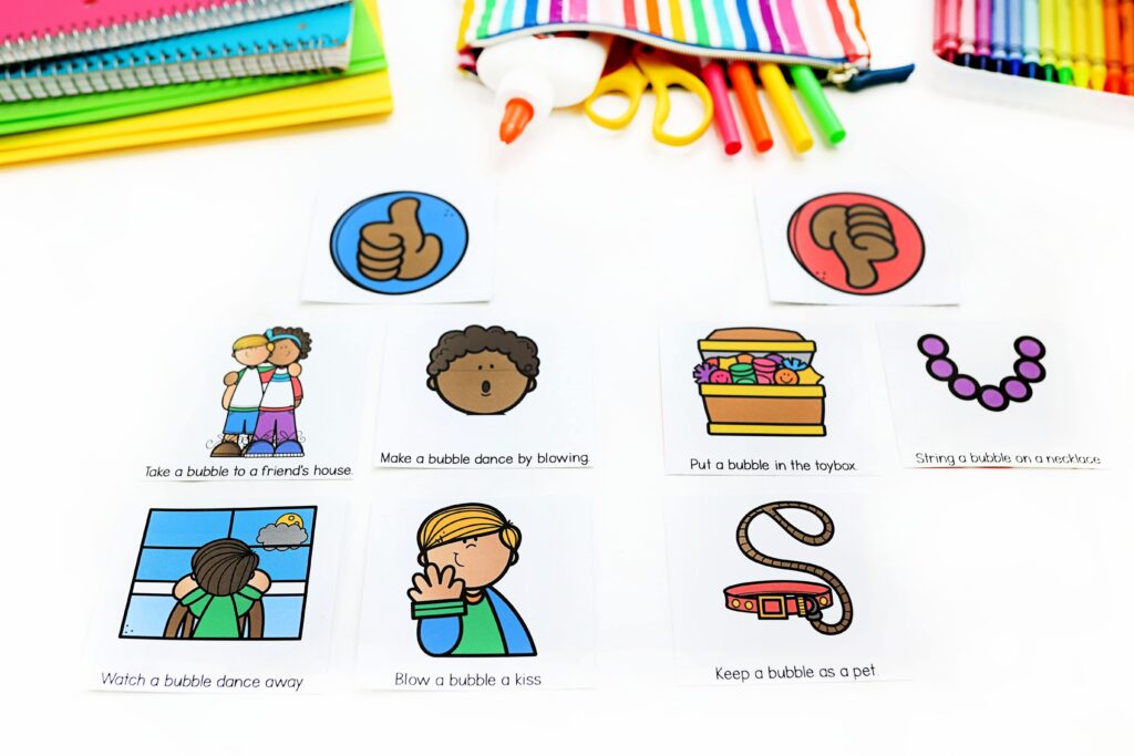 A sorting activity with pictures from You Can't Kiss a Bubble