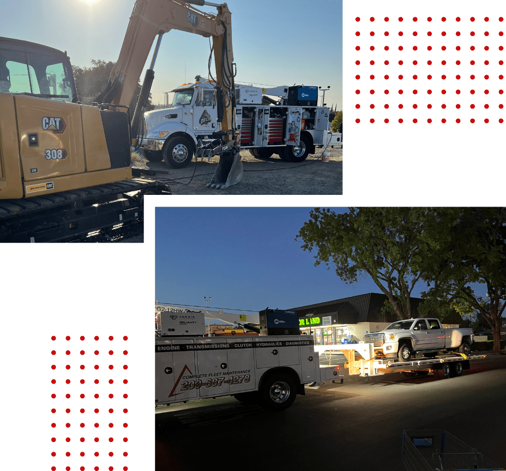Construction machinery and service trucks in operation for vehicle repairs.