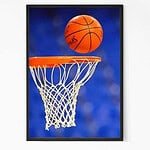Basketball on Hoop Glass Framed Wall Poster