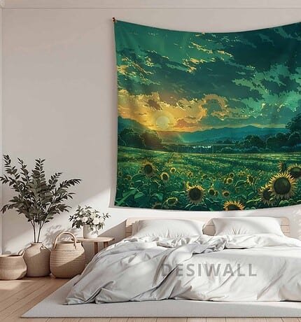 Sunset on Sunflower Field Tapestry