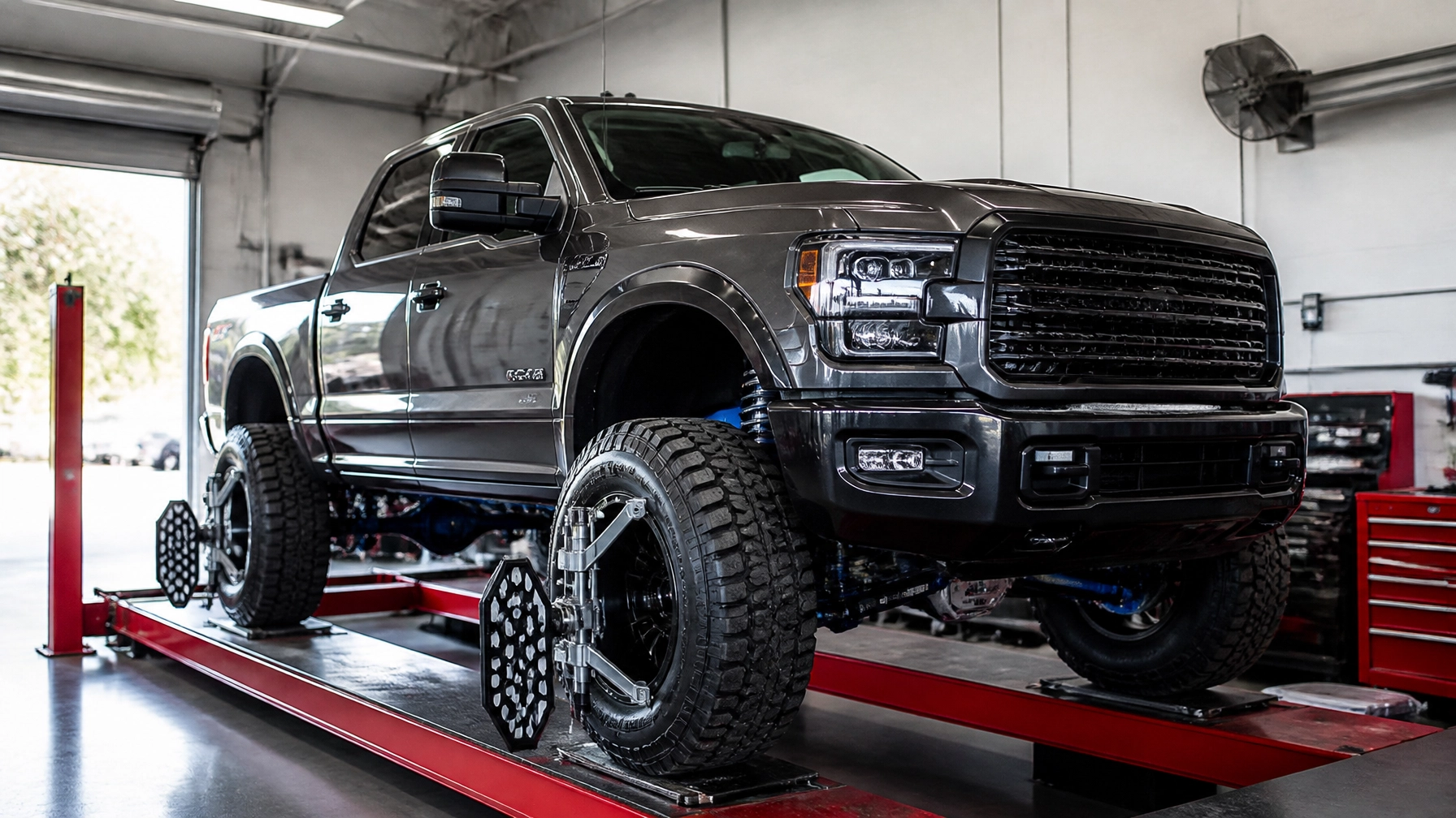 Custom lifted truck with off-road tires at Destination Autoworks.