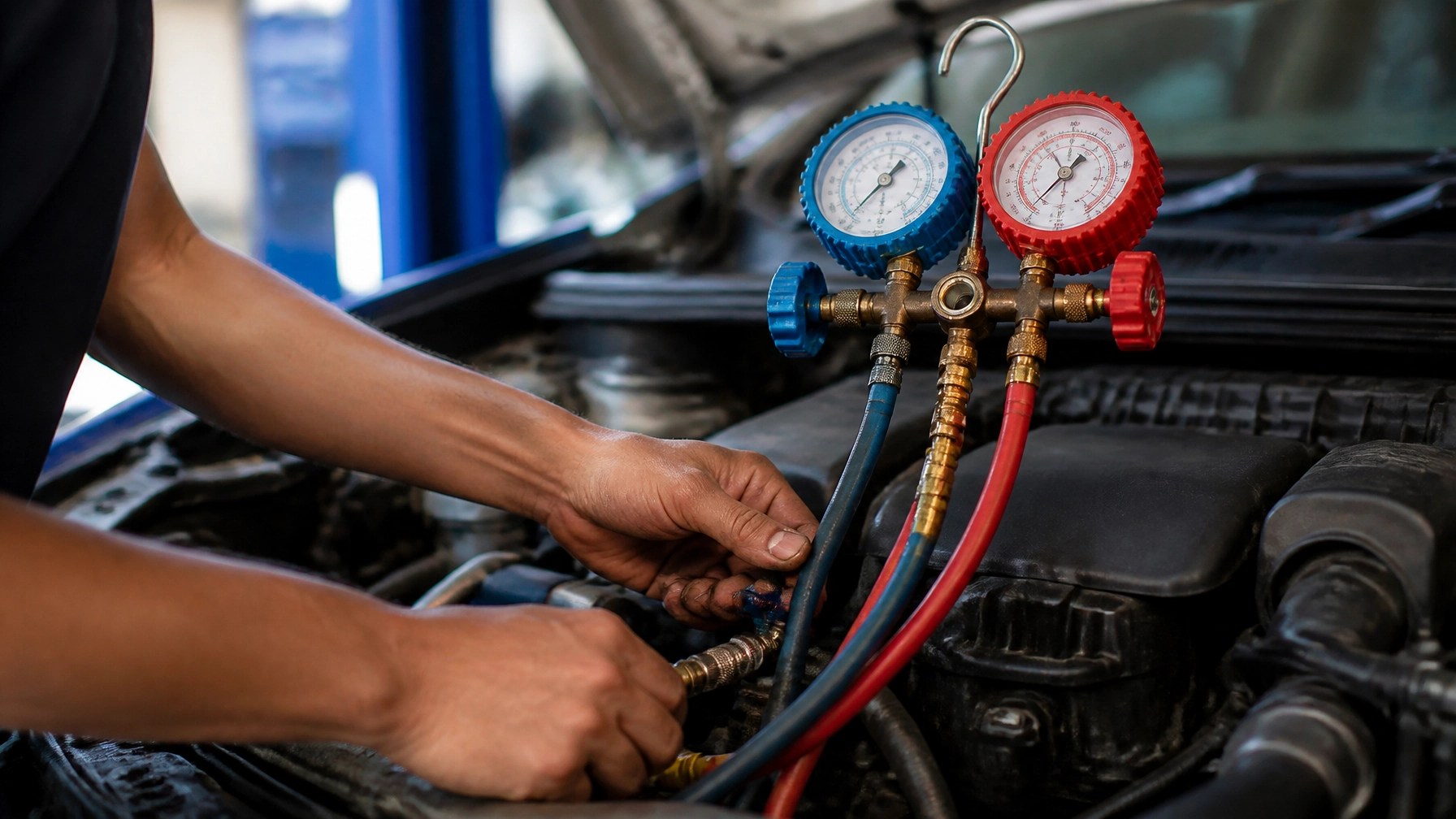 Technician checking car's air conditioning system with gauges and hoses.