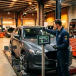 Auto repair technician inspecting a vehicle with diagnostic tools at Dettwiler Brothers Repair.