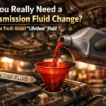 Transmission fluid being poured into a vehicle's transmission during a fluid change.