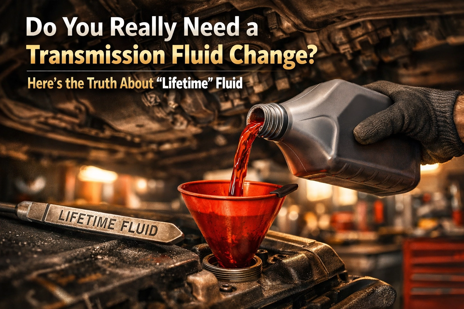 Transmission fluid being poured into a vehicle's transmission during a fluid change.