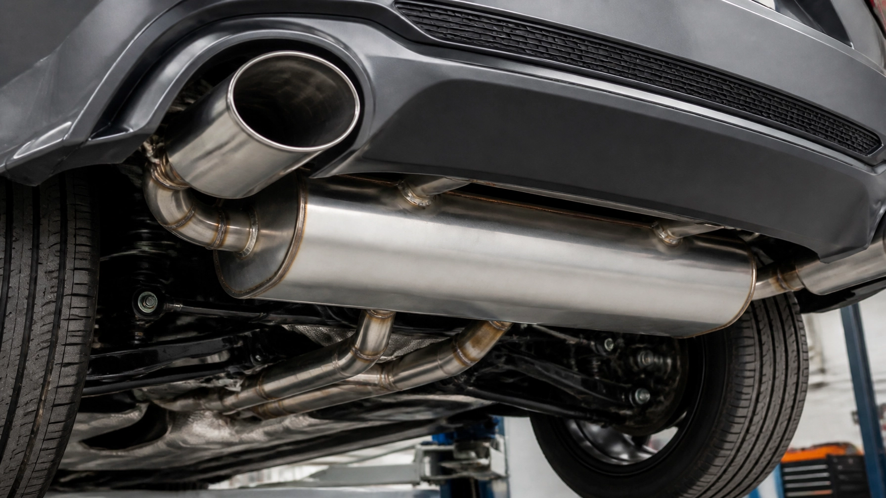 Close-up of car exhaust system and undercarriage details.