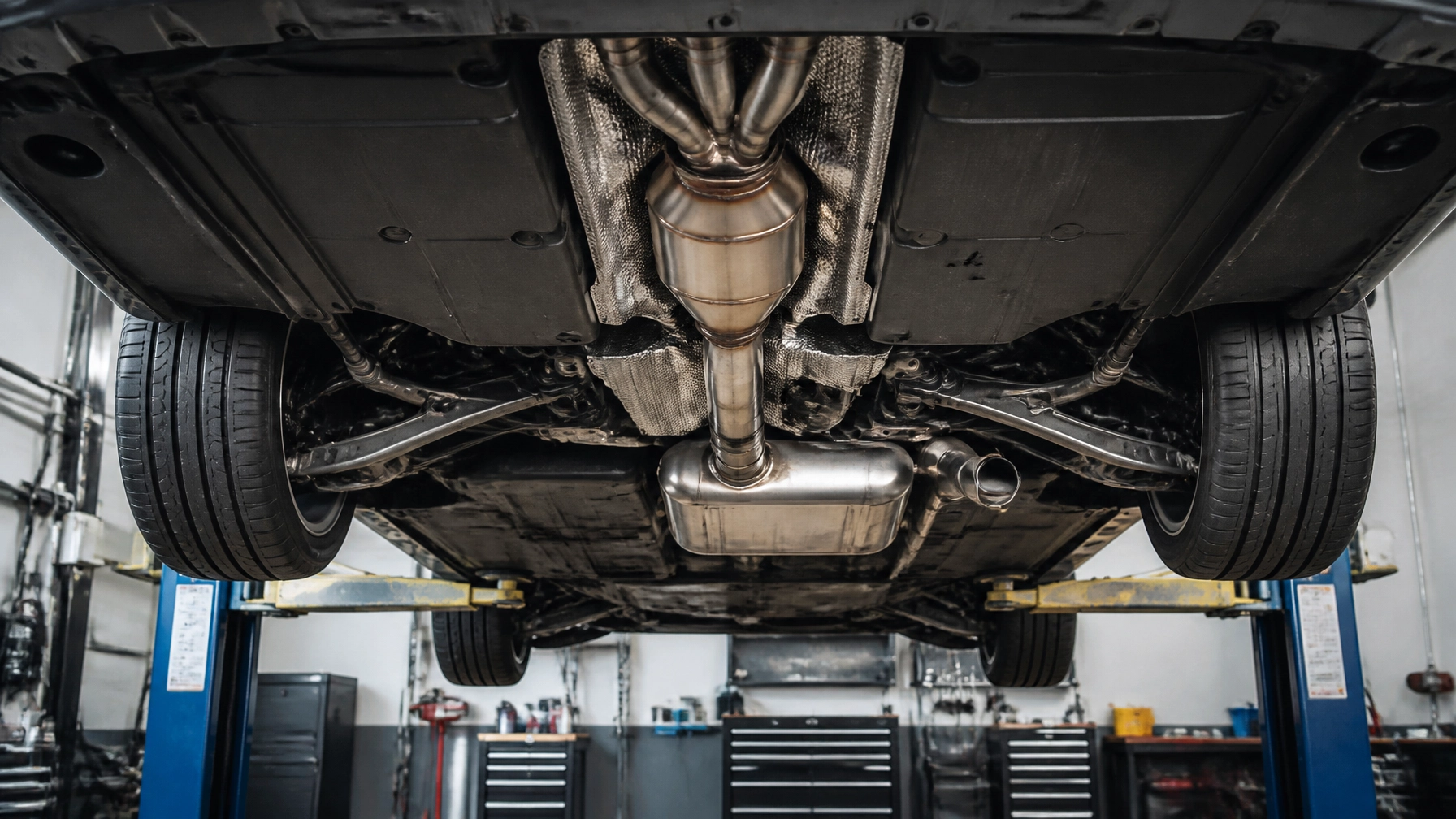 View of car underside showing exhaust system and suspension in auto repair shop.