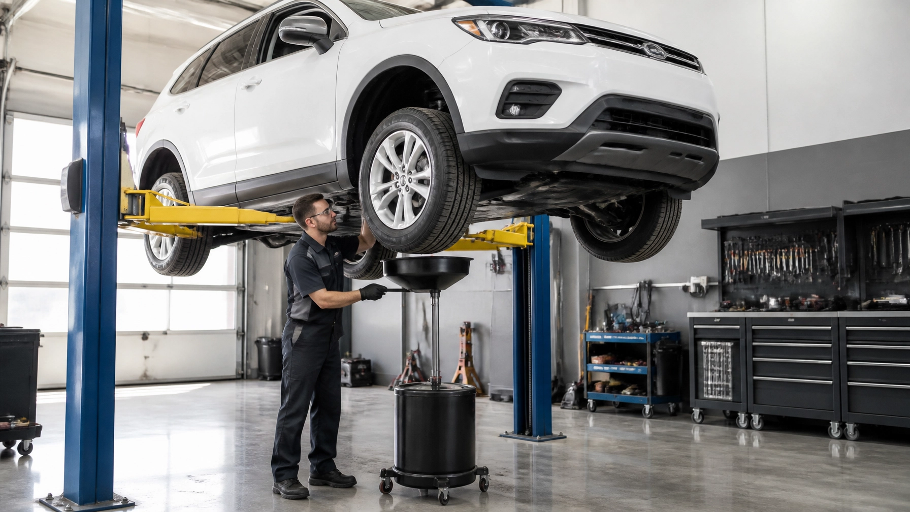 Auto mechanic inspecting a white SUV on hydraulic lift at Dettwiler Brothers Repair.