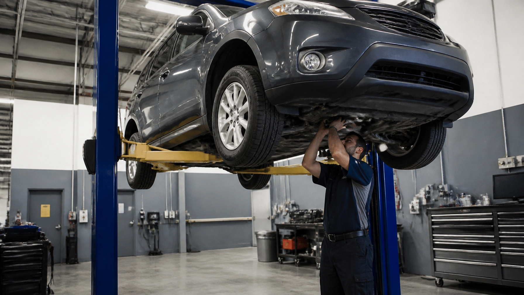 Automotive mechanic inspecting a car lifted on a hydraulic lift in a repair shop.