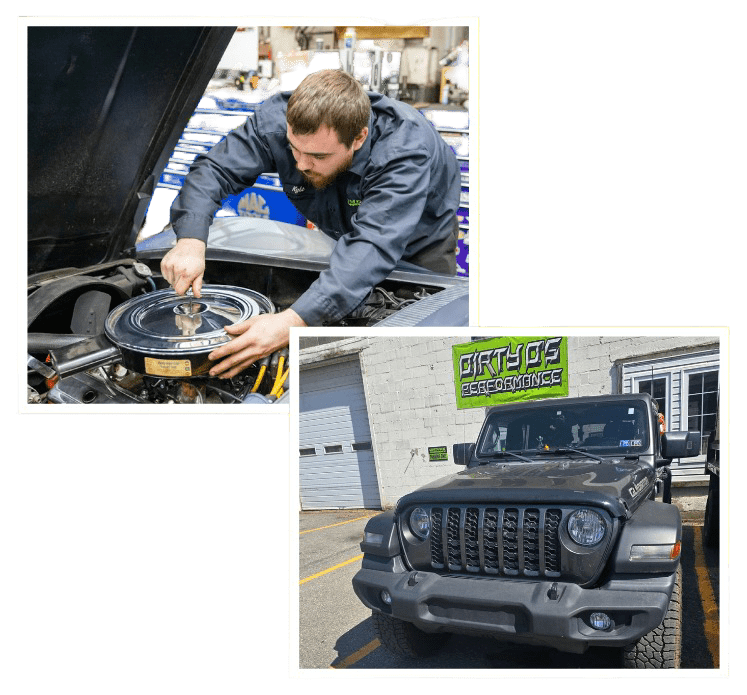 Technician working on a car engine at Dirty D’s Performance shop.