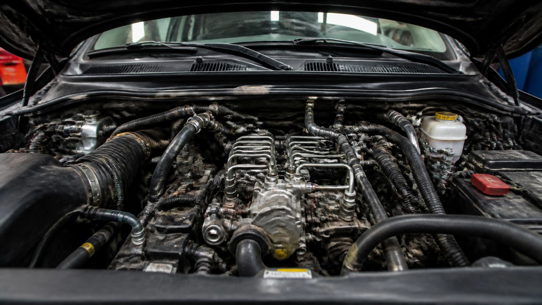 Close-up of a modified high-performance car engine at Dirty D’s Performance shop.