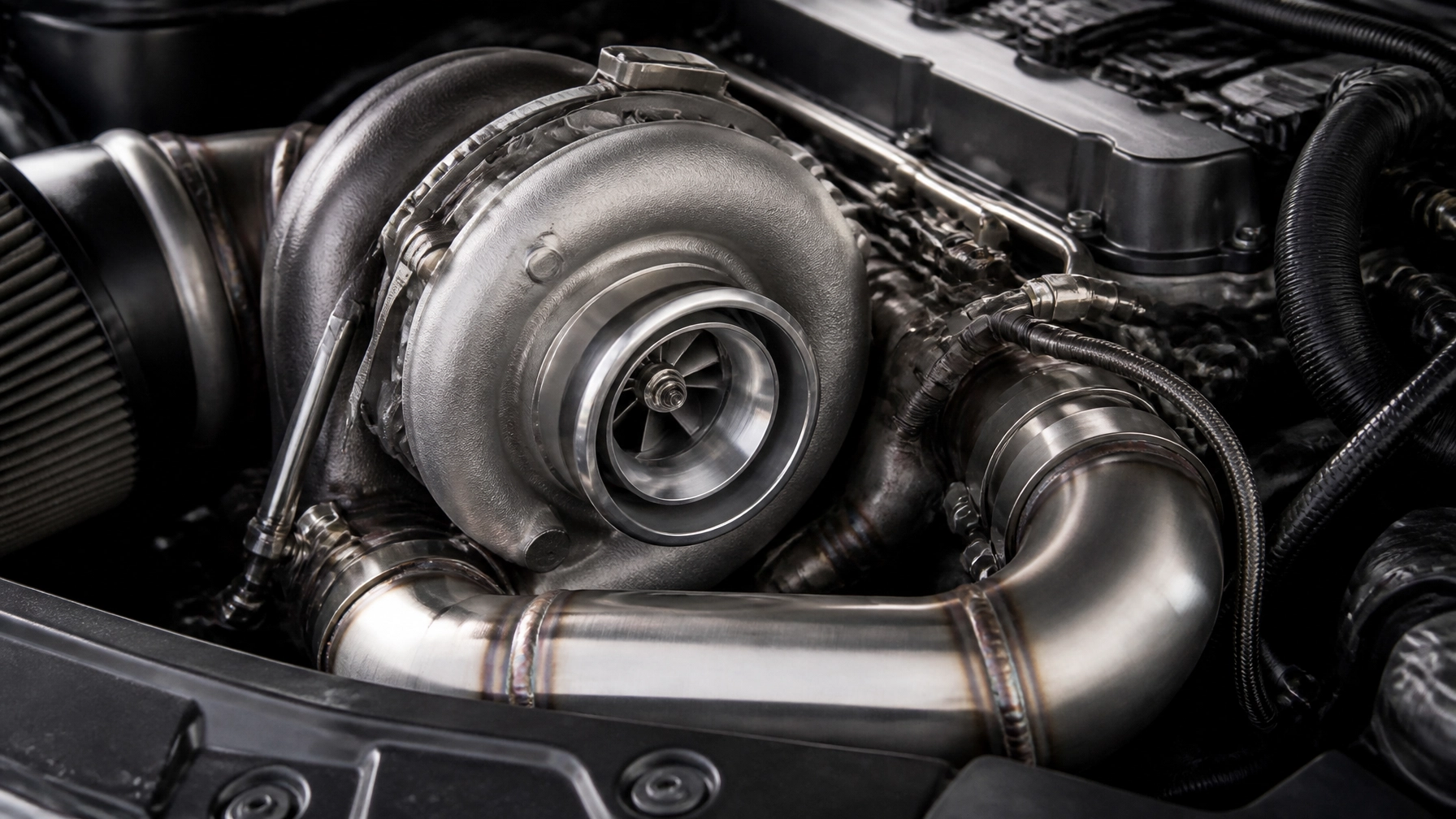 Close-up of a turbocharged engine showcasing performance modifications at Dirty D’s Performance.