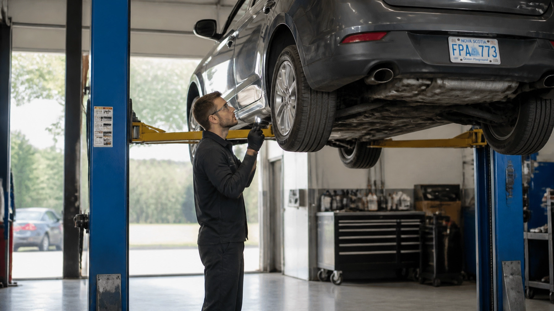 Technician inspecting a car lifted on a hydraulic lift at Higgins Driscoll’s Automotive.