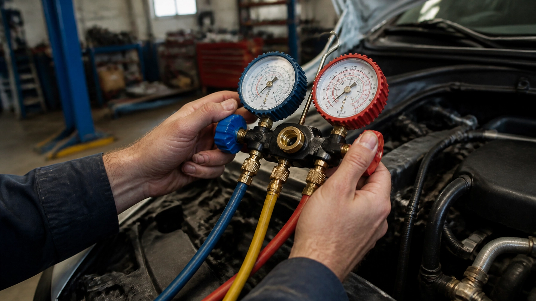 Technician checking car's air conditioning system with manifold gauges.