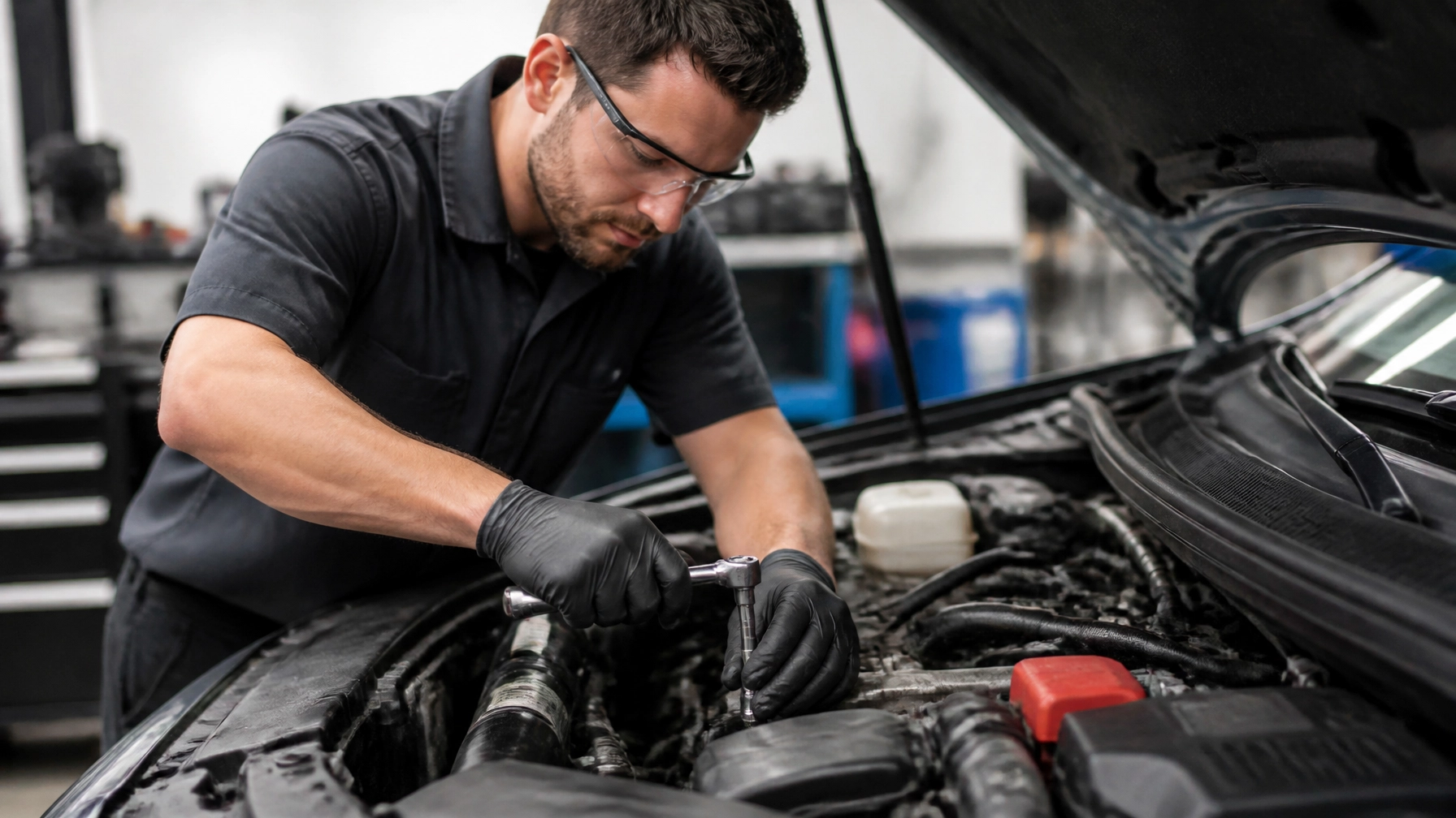 Automotive technician inspecting car engine at Higgins Driscoll’s Automotive.