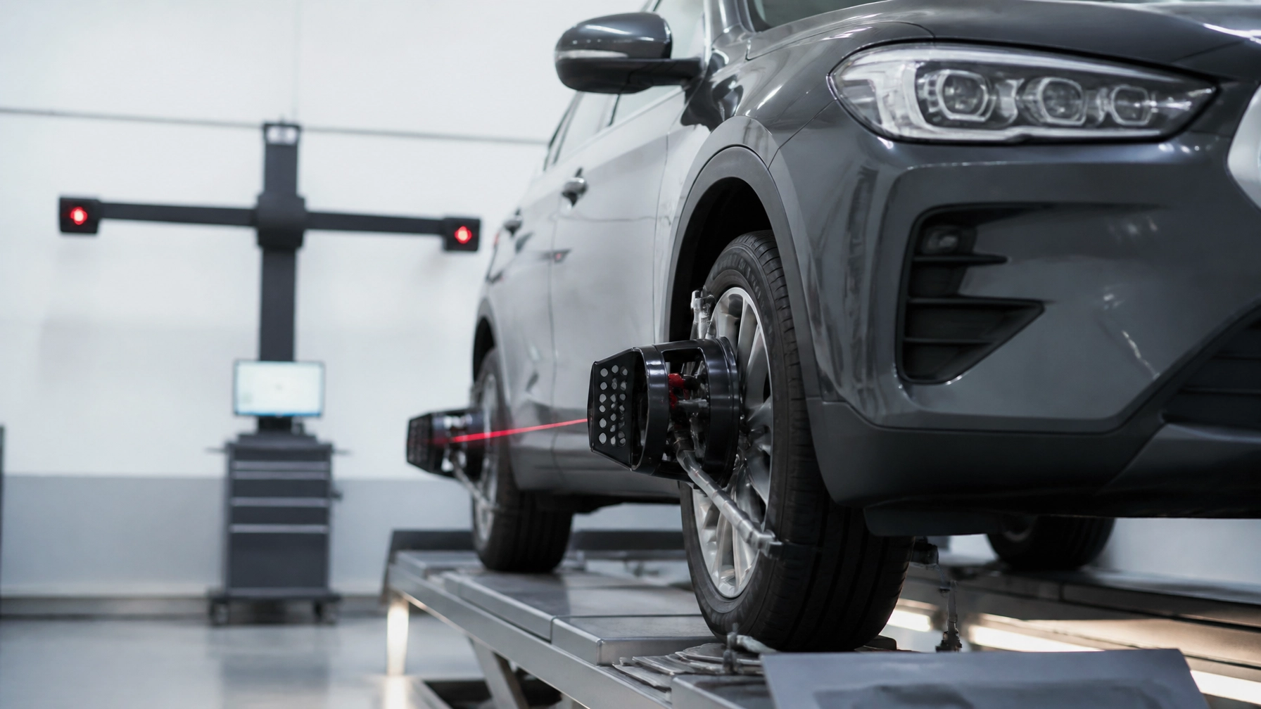 Vehicle on wheel alignment machine at Higgins Driscoll’s Automotive.