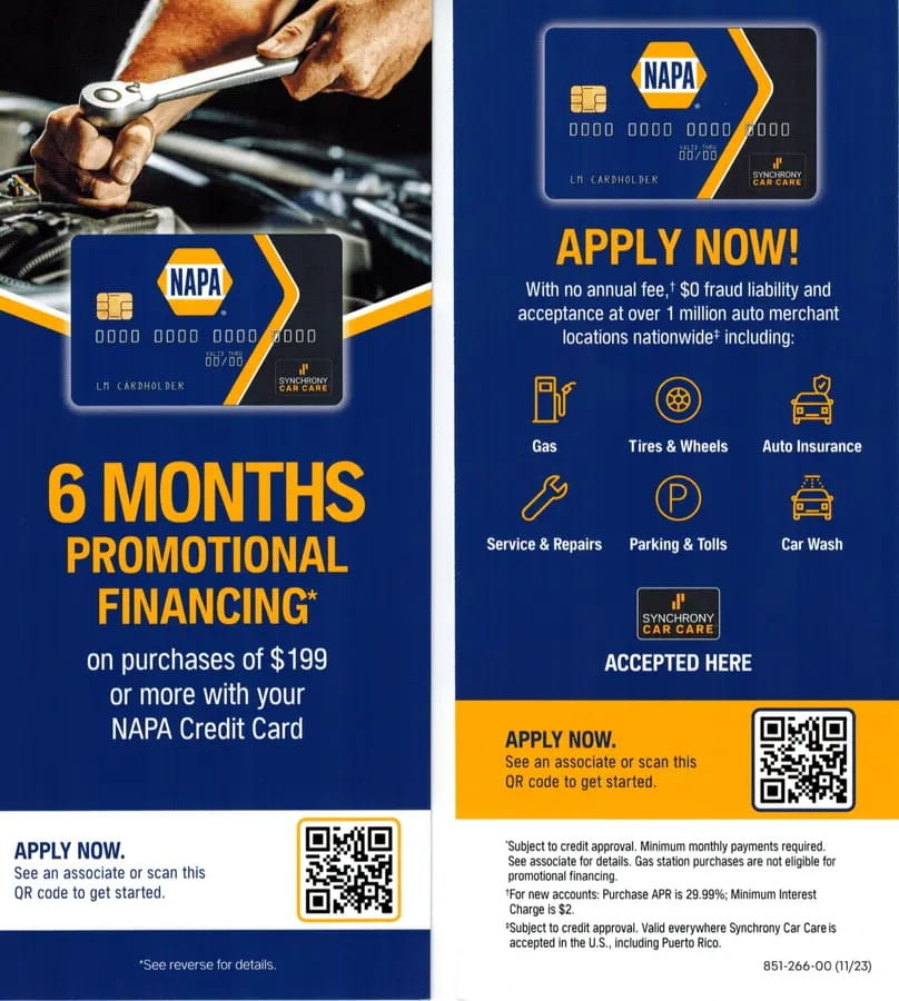 NAPA Auto Care credit card with promotional financing offer.