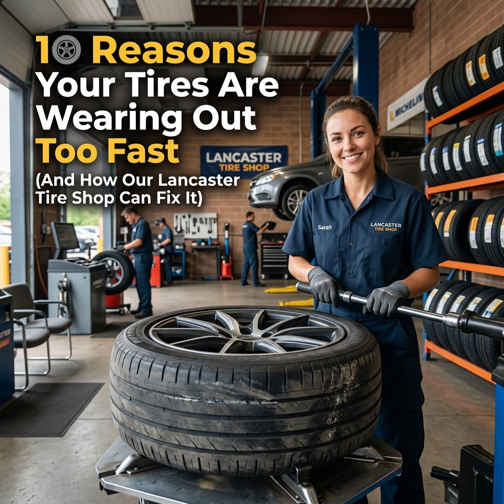 Woman at tire shop explaining tire wear causes and solutions at DrivenMotos Auto Care.