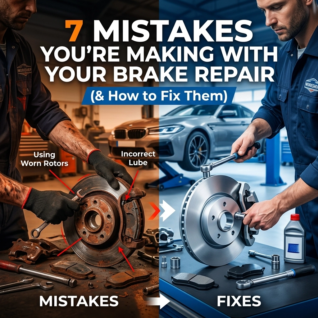 Car brake repair mistakes to avoid, including worn rotors and incorrect lube.