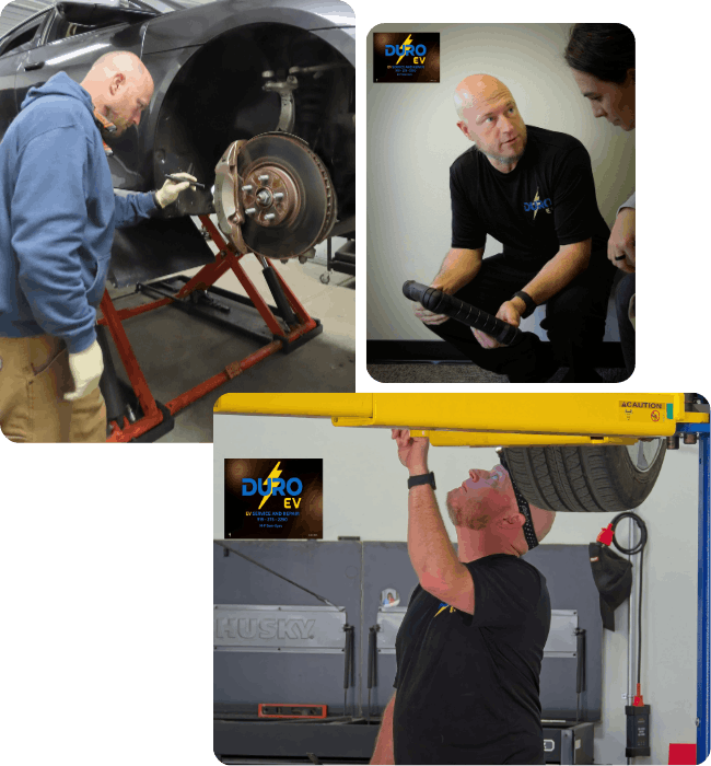 Skilled technicians repairing electric vehicle brakes and components.