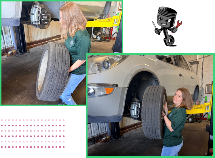 Automotive technician inspecting tire at E&C Automotive Services.