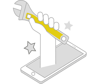 Mobile mechanic holding wrench emerging from smartphone screen.