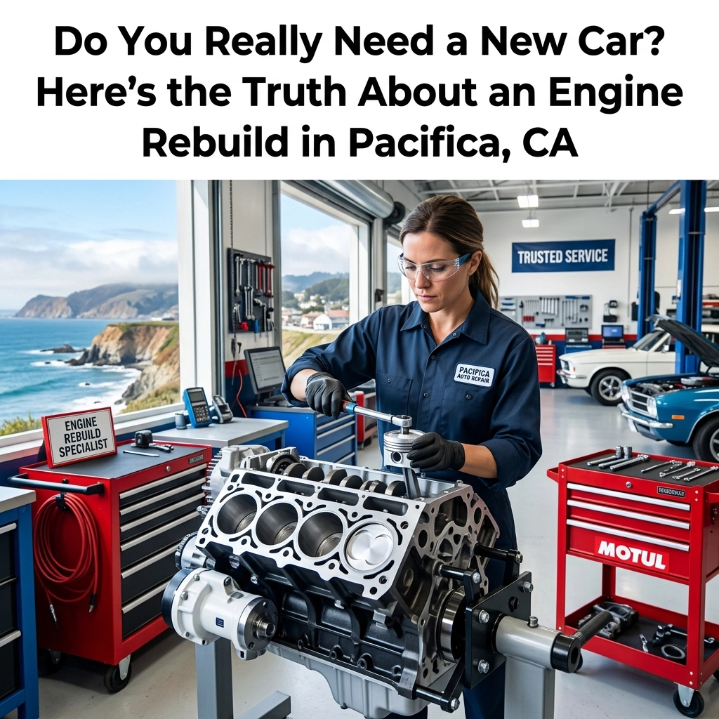 Engine rebuild technician inspecting engine components at EMW Auto, Pacifica, CA.