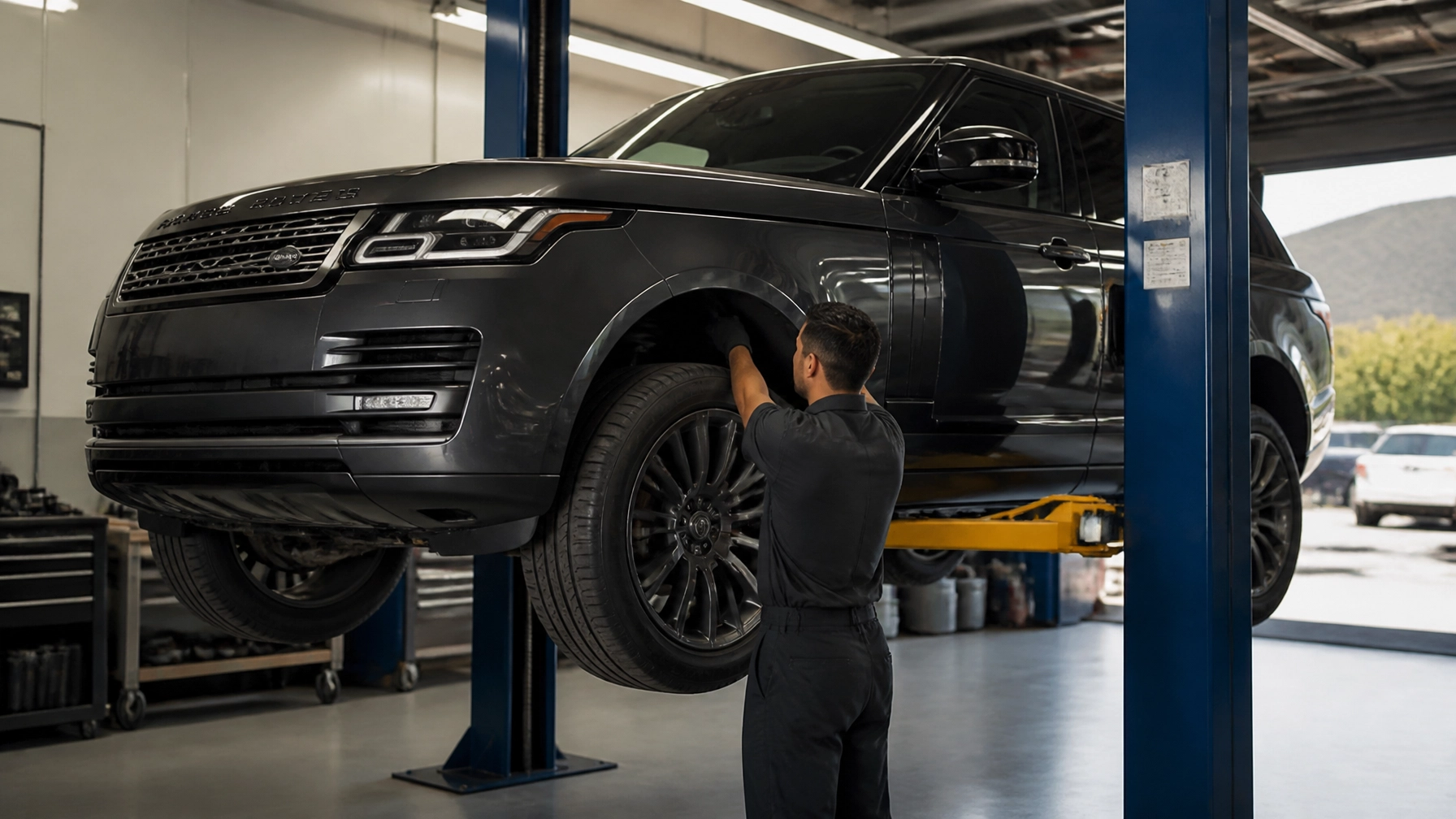 Technician inspecting a black Range Rover on hydraulic lift at EMW Auto.