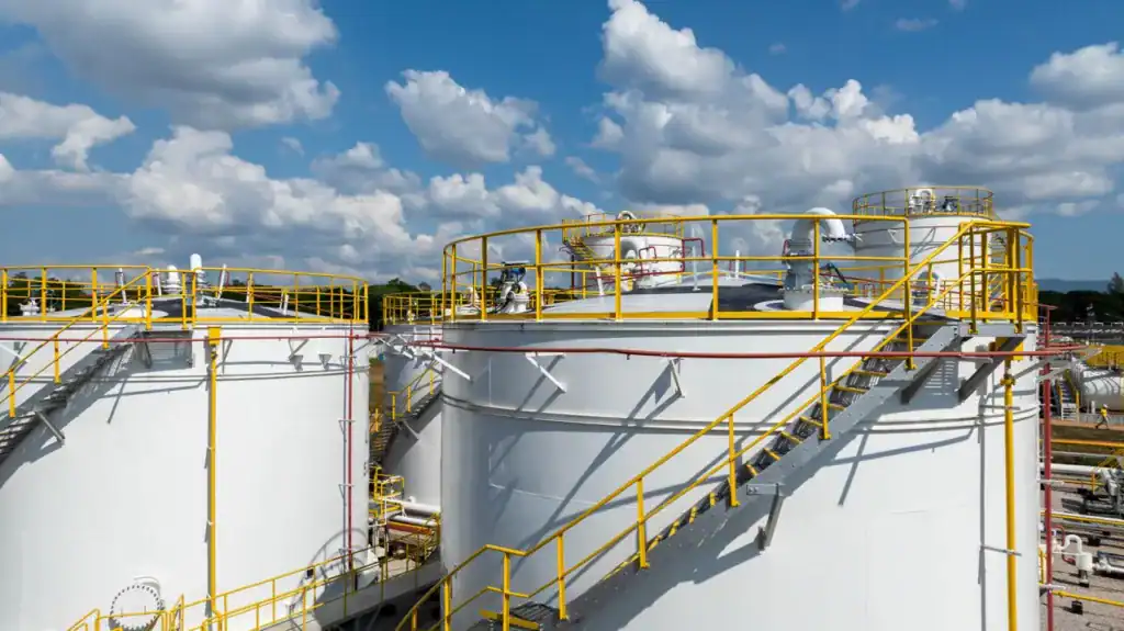 Oil storage tanks with yellow safety railings and staircases at an industrial site.