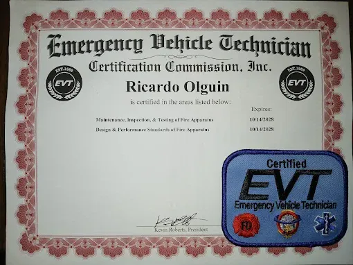 Certified EVT emergency vehicle technician certificate for ER Auto, Diesel & Tire LLC.