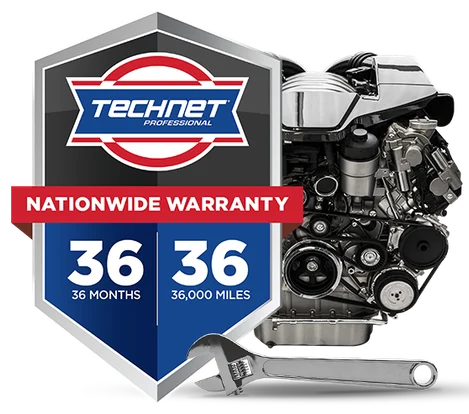Engine warranty badge with TechNet logo and 36-month, 36,000-mile coverage.