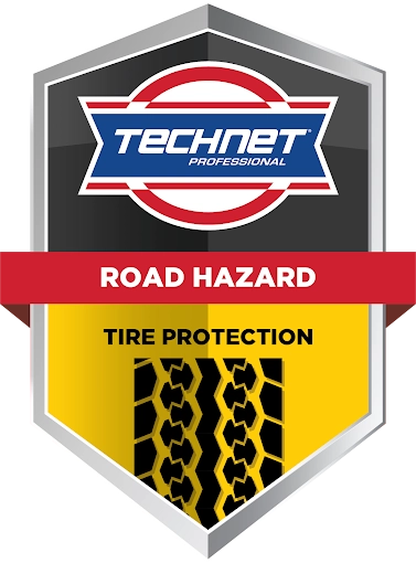 Road hazard tire protection sign with tire tread graphic and TechNet logo.