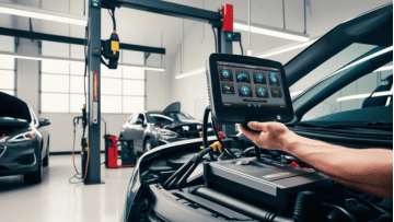 Auto diagnostics technician using advanced scanner on vehicle engine.