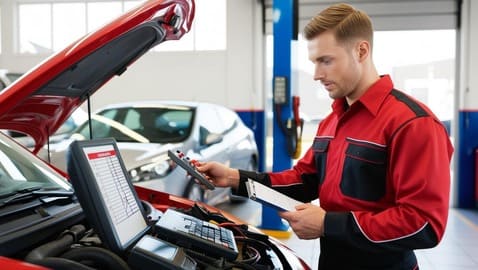 Auto technician inspecting engine with diagnostic tools at ER Auto, Diesel, & Tire LLC.
