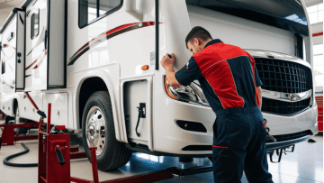 Auto repair technician inspecting a large diesel truck engine.