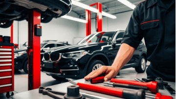 Auto repair technician working on a vehicle in a professional garage.