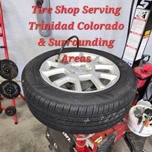 Tire shop with wheel and tire display in Trinidad Colorado area.