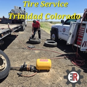 Tire service technician changing tires at ER Auto, Diesel, & Tire LLC in Trinidad Colorado.