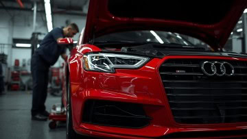 Red Audi being serviced at ER Auto Diesel & Tire LLC auto repair shop.