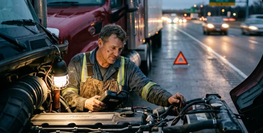 Truck mechanic inspecting engine on highway at ER Auto, Diesel & Tire LLC.