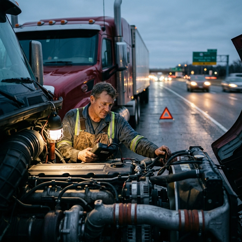 Truck mechanic inspecting engine on highway at ER Auto, Diesel & Tire LLC.