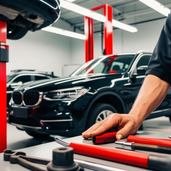 Technician working on a black luxury SUV in an auto repair shop.