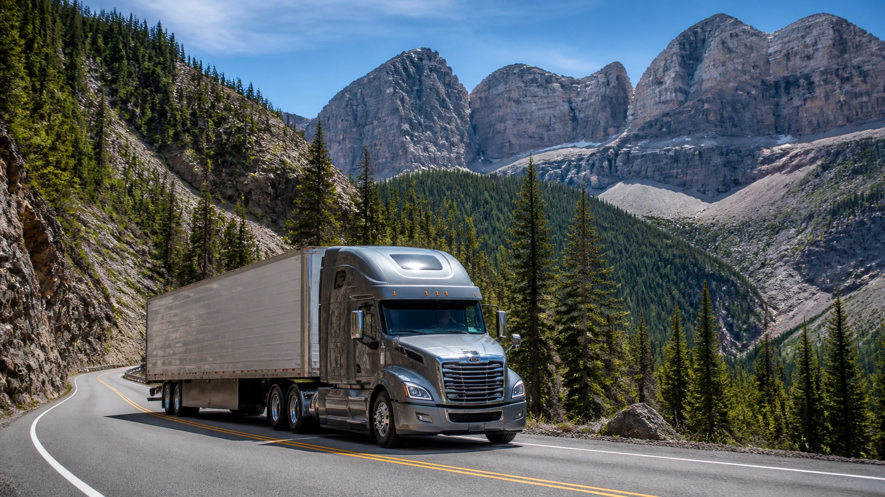 Semi truck driving through scenic mountain landscape with trees and rocky peaks.