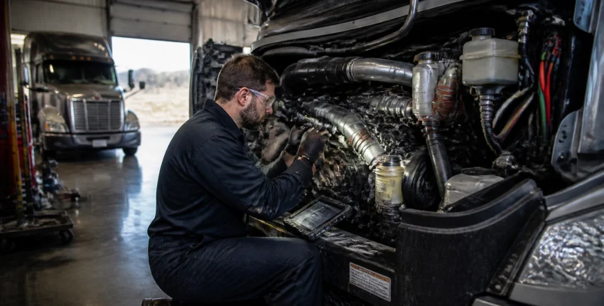 Technician repairing diesel truck engine at ER Auto Diesel & Tire LLC.